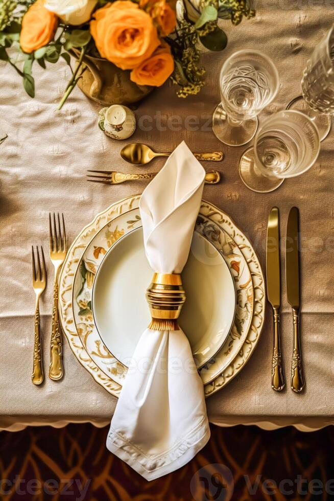 elegante cena tavolo ambientazione preparativi nel inglese nazione stile come flatlay tavolozza, piegato tovagliolo su un' servendo piatto, vasellame e vacanza tavolo arredamento, generativo ai foto