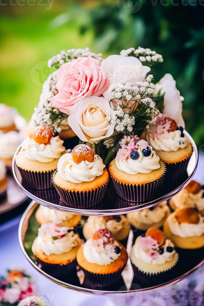 cupcakes, torte, panetti e muffin e vacanza decorazione all'aperto a il inglese nazione stile giardino, dolce dolci per nozze, compleanno o festa celebrazione, generativo ai foto