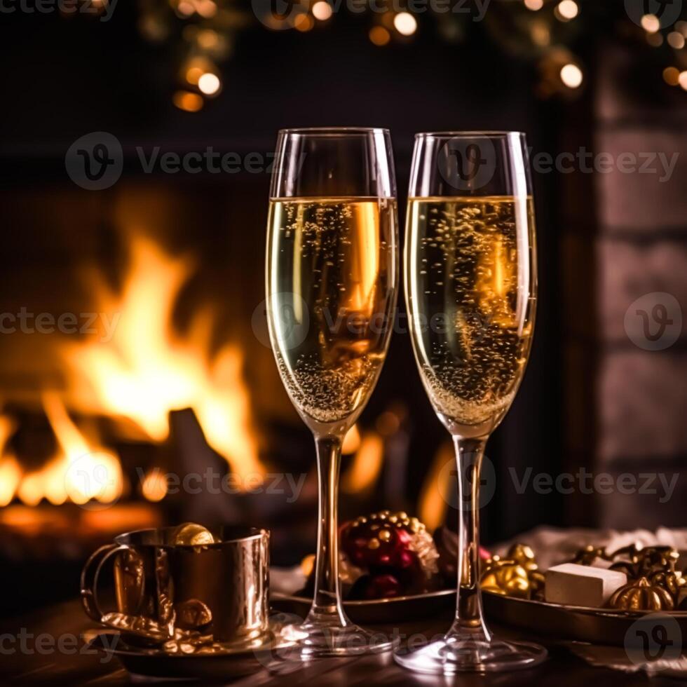 Champagne nel davanti di un' camino su un' vacanza vigilia celebrazione, allegro Natale, contento nuovo anno e contento vacanze auguri, generativo ai foto