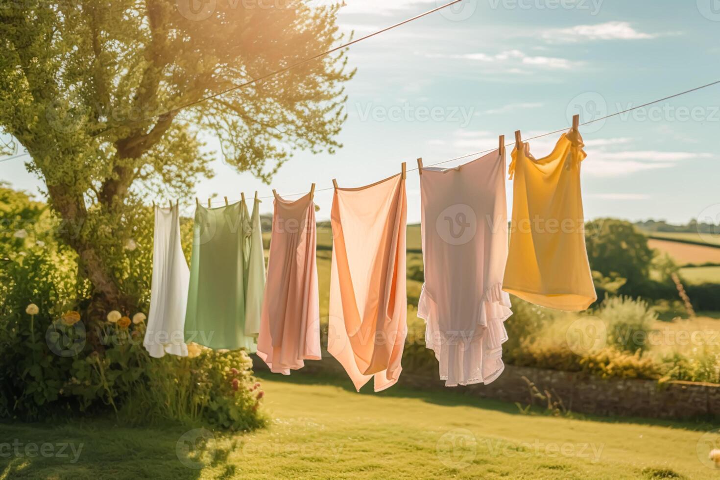 lavanderia, faccende domestiche e casalinga, fresco pulito Abiti e biancheria essiccazione all'aperto nel il giardino, nazione Villetta stile, generativo ai foto