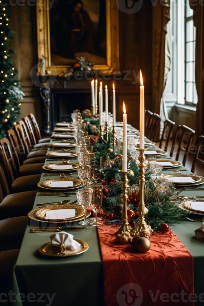 Natale tavolo scappa, elegante formale cena tavolo ambientazione, tablescape con vacanza decorazione per festa evento celebrazione, generativo ai foto