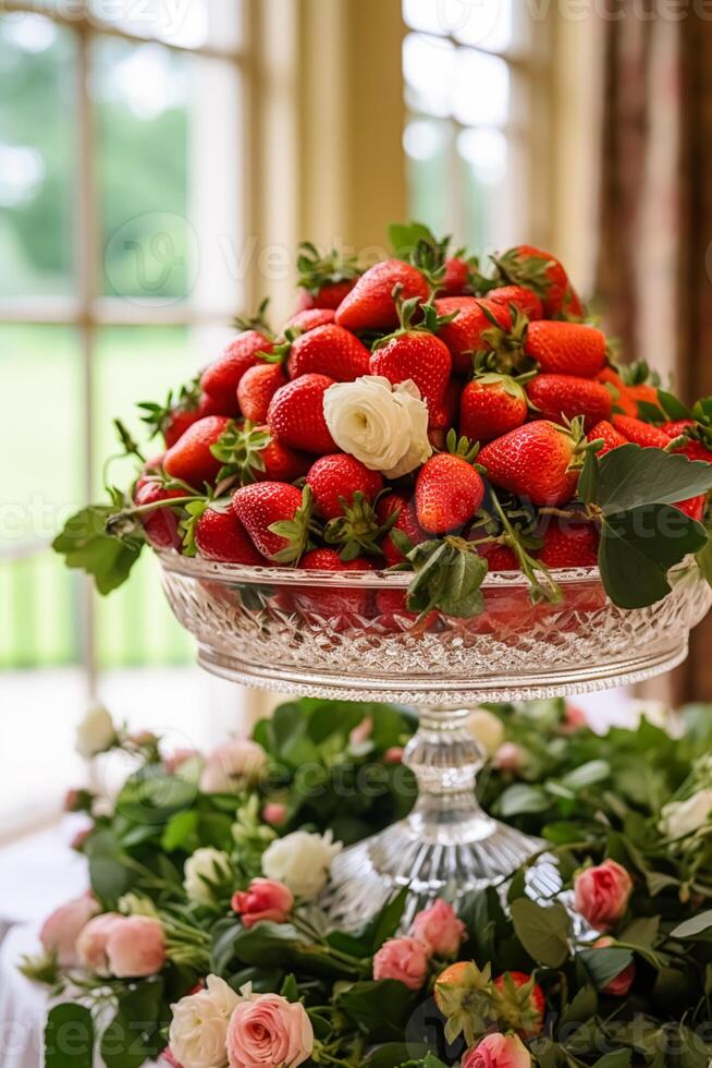 cibo, frutta giardino e fragola raccolto, fresco fragole servito nel il campagna, generativo ai foto