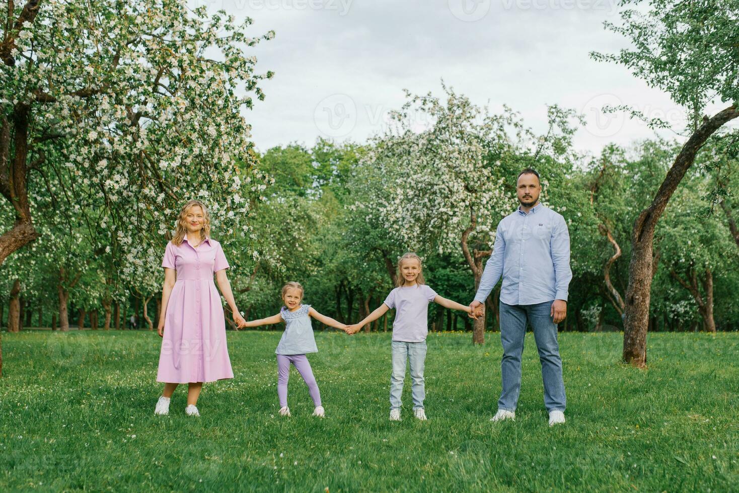 contento famiglia passeggiate nel il parco nel il primavera foto