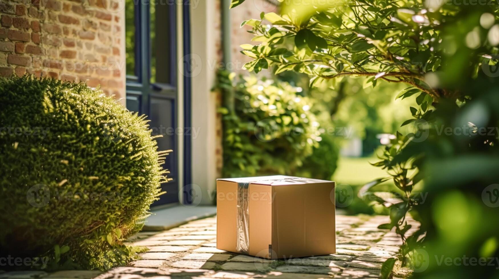 postale servizio, casa consegna e in linea acquisti, pacco scatola su un' Casa gradino della porta nel il campagna, generativo ai foto