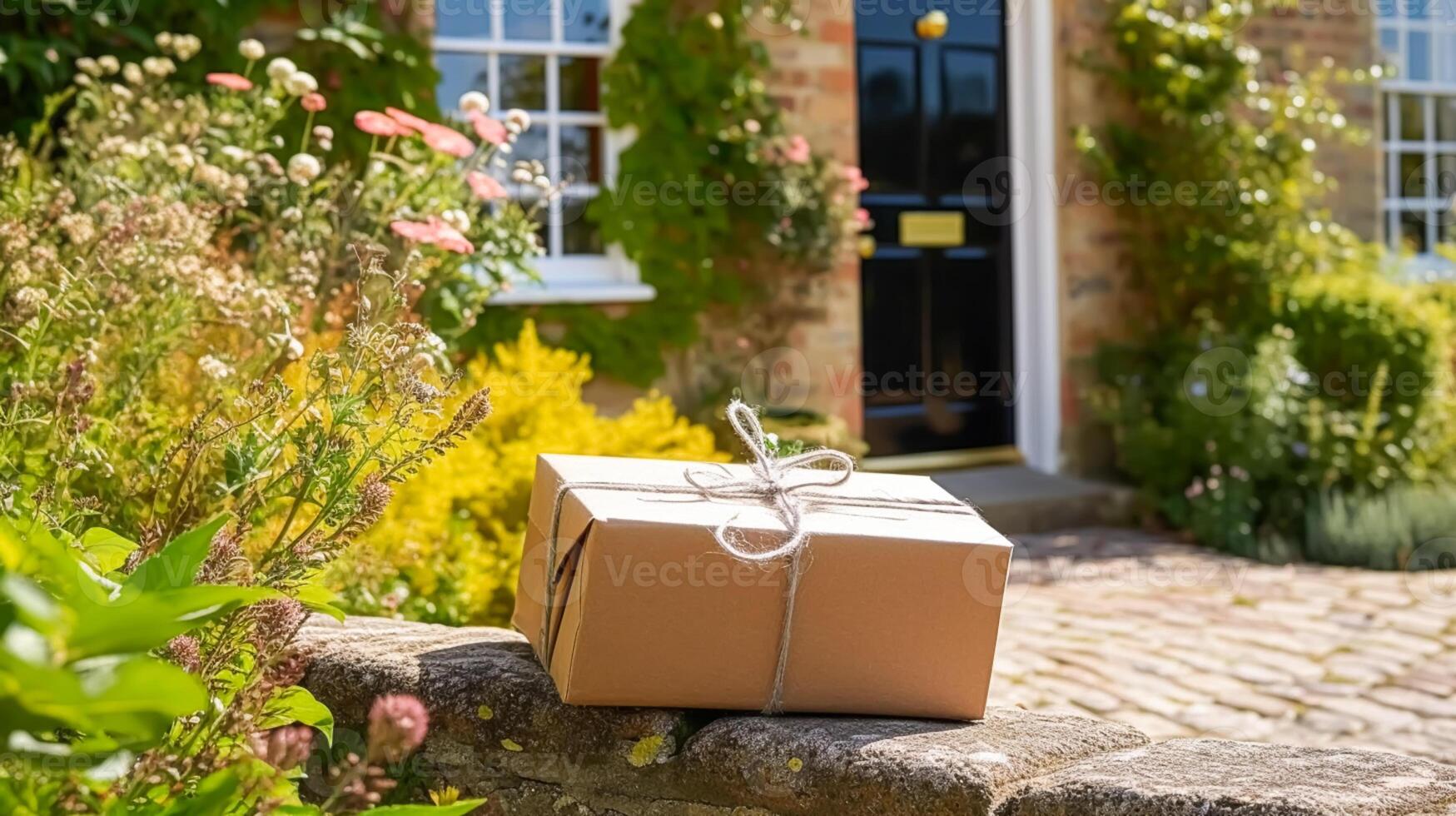 postale servizio, casa consegna e in linea acquisti, pacco scatola su un' Casa gradino della porta nel il campagna, generativo ai foto