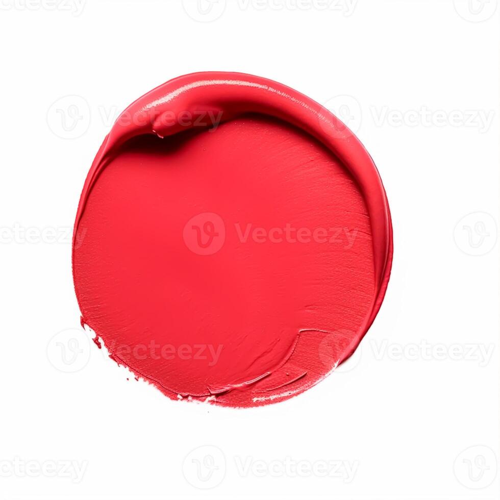bellezza swatch e cosmetico struttura, cerchio il giro rosso rossetto campione isolato su bianca sfondo, paraffina cera sigillatura francobollo, generativo ai foto