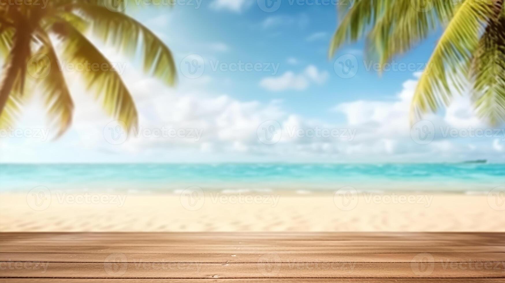 Prodotto presentazione nel natura. tropicale bene sabbioso spiaggia con sfocato mare sole cielo su vuoto vecchio natura di legno tavolo astratto estate rilassamento sfondo. generativo ai foto