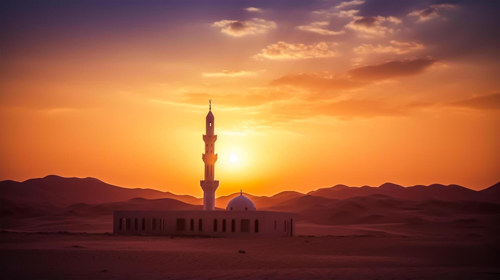 foto tramonto al di sopra di deserto con musulmano moschea nel il primo piano, musulmano, Arabo, Islam, Ramadan, eid celebrare, musulmano vacanza. generativo ai