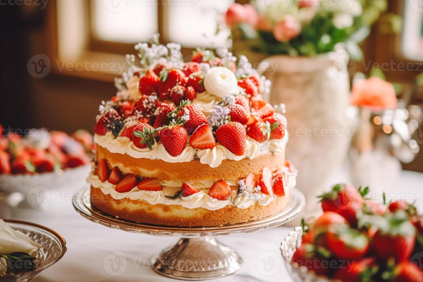 fragola torta per nozze, compleanno e festa celebrazione, vacanza dolce evento cibo ristorazione, nazione Villetta stile, generativo ai foto