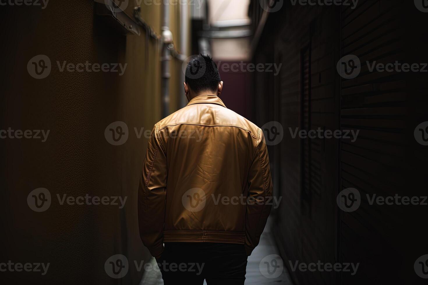 indietro Visualizza di un' uomo a piedi giù un' stretto vicolo. ai generato foto