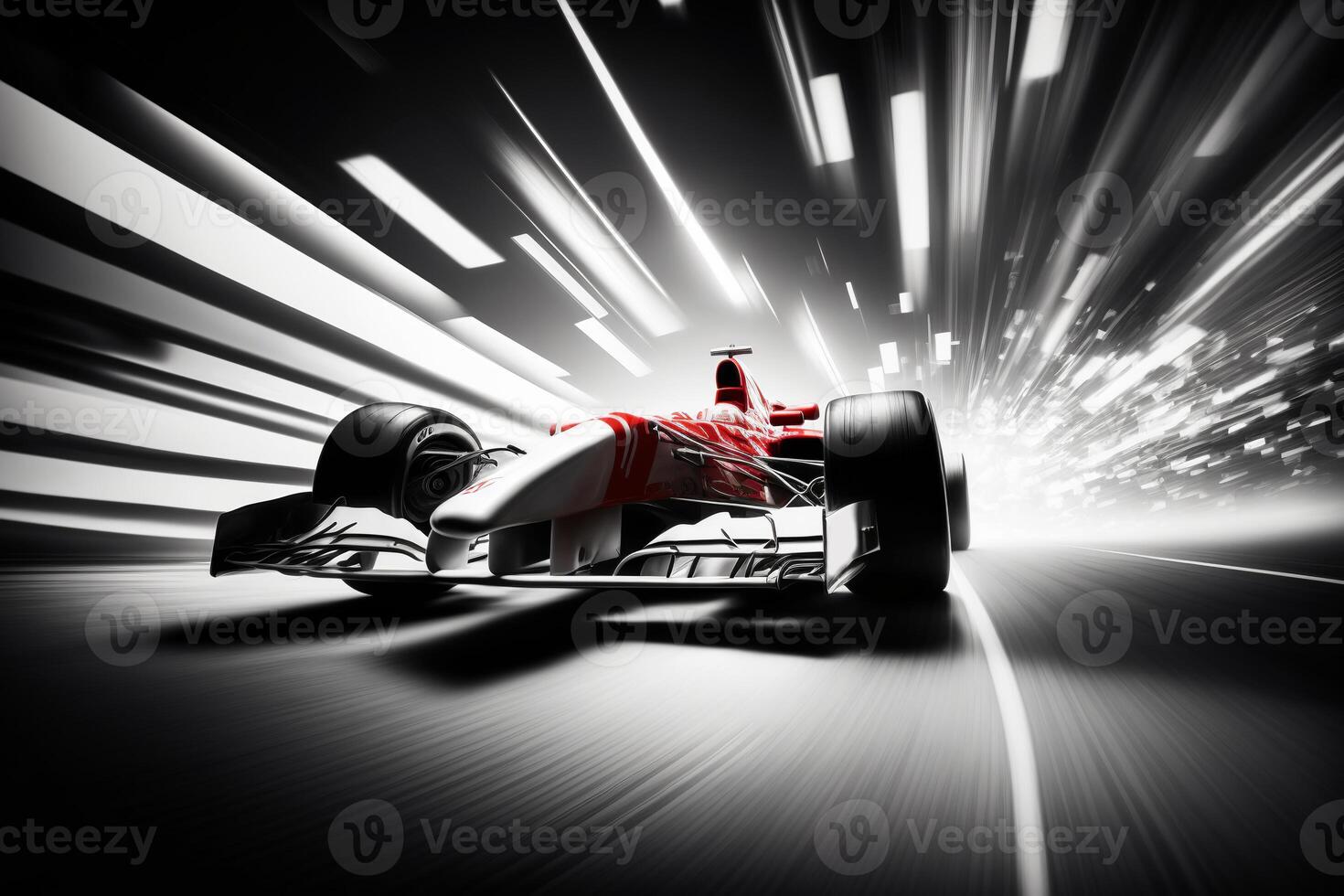 da corsa sport. rosso formula 1 auto con autista guida veloce, movimento sfocatura. generativo ai illustrazione foto