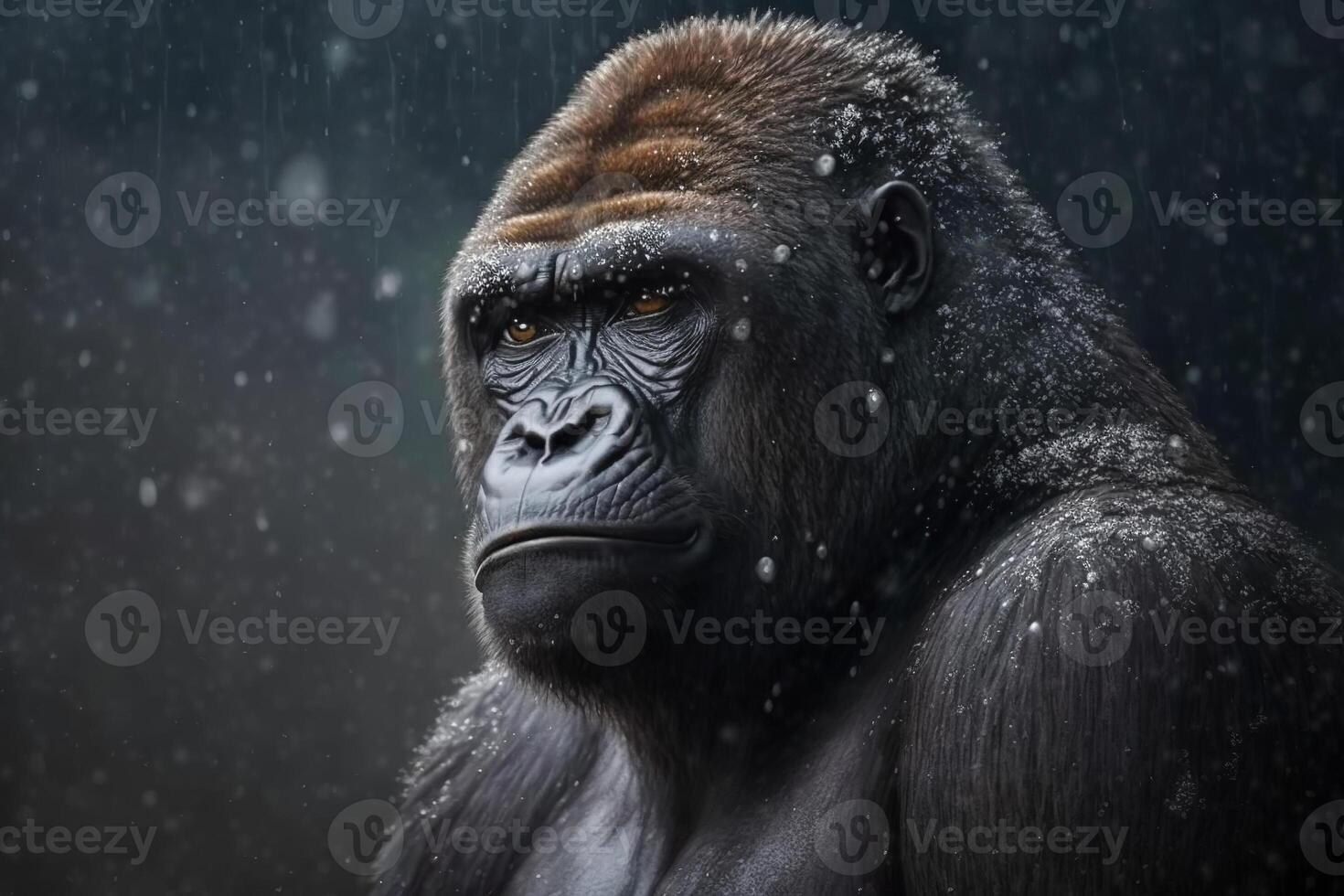 ritratto di bellissimo africano gorilla nel nevicata all'aperto. grande tropicale scimmia, primate animale. creato di generativo ai foto