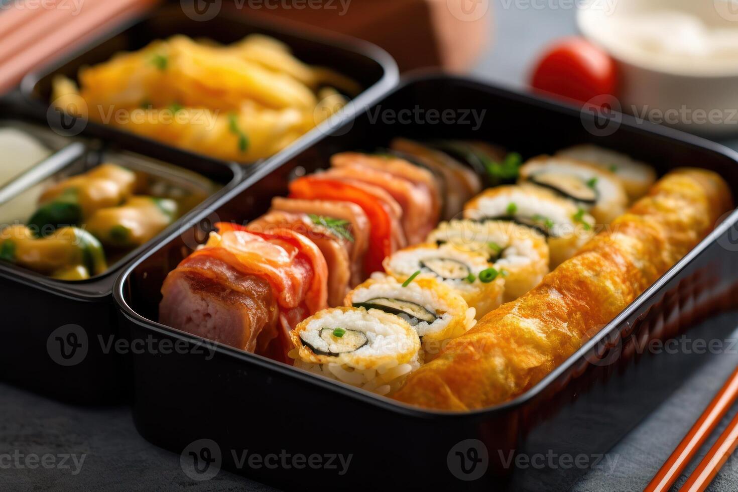 azione foto di tamagoyaki giapponese lanciato frittata nel bento con riso cibo fotografia generativo ai