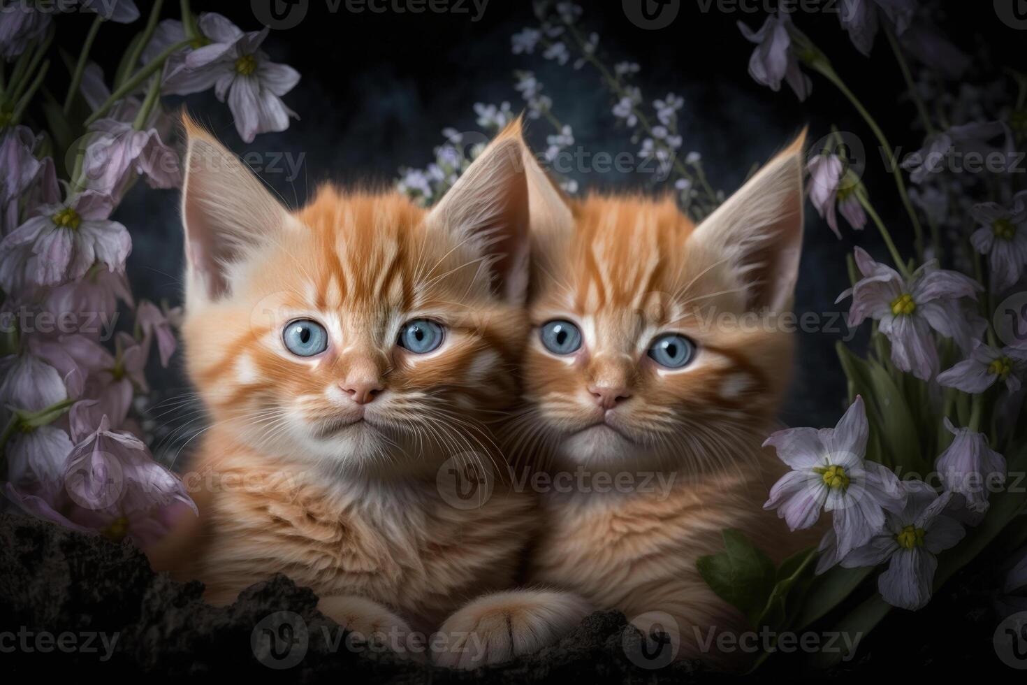Due bambino gatto nel primavera verde erba con fiori. generativo ai foto