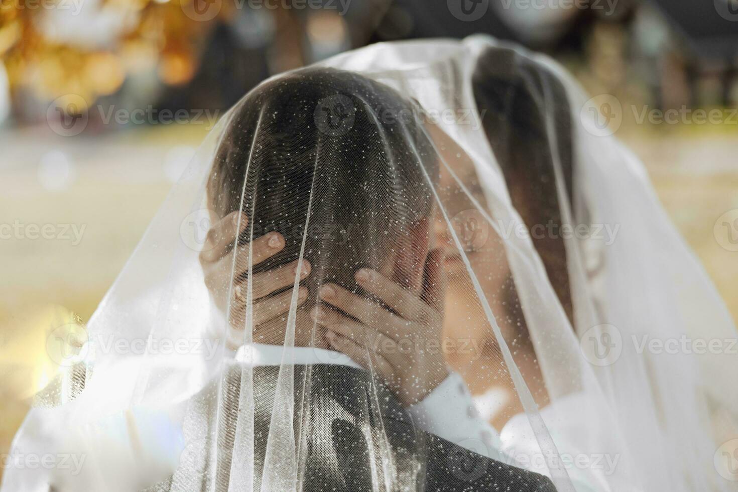 elegante bellissimo coppia sotto velo. abbracci su ogni Altro. il sposa abbracci il sposo delicatamente di il testa con un' tenero Guarda. bellissima leggero Aggiunge un' romantico atmosfera. foto