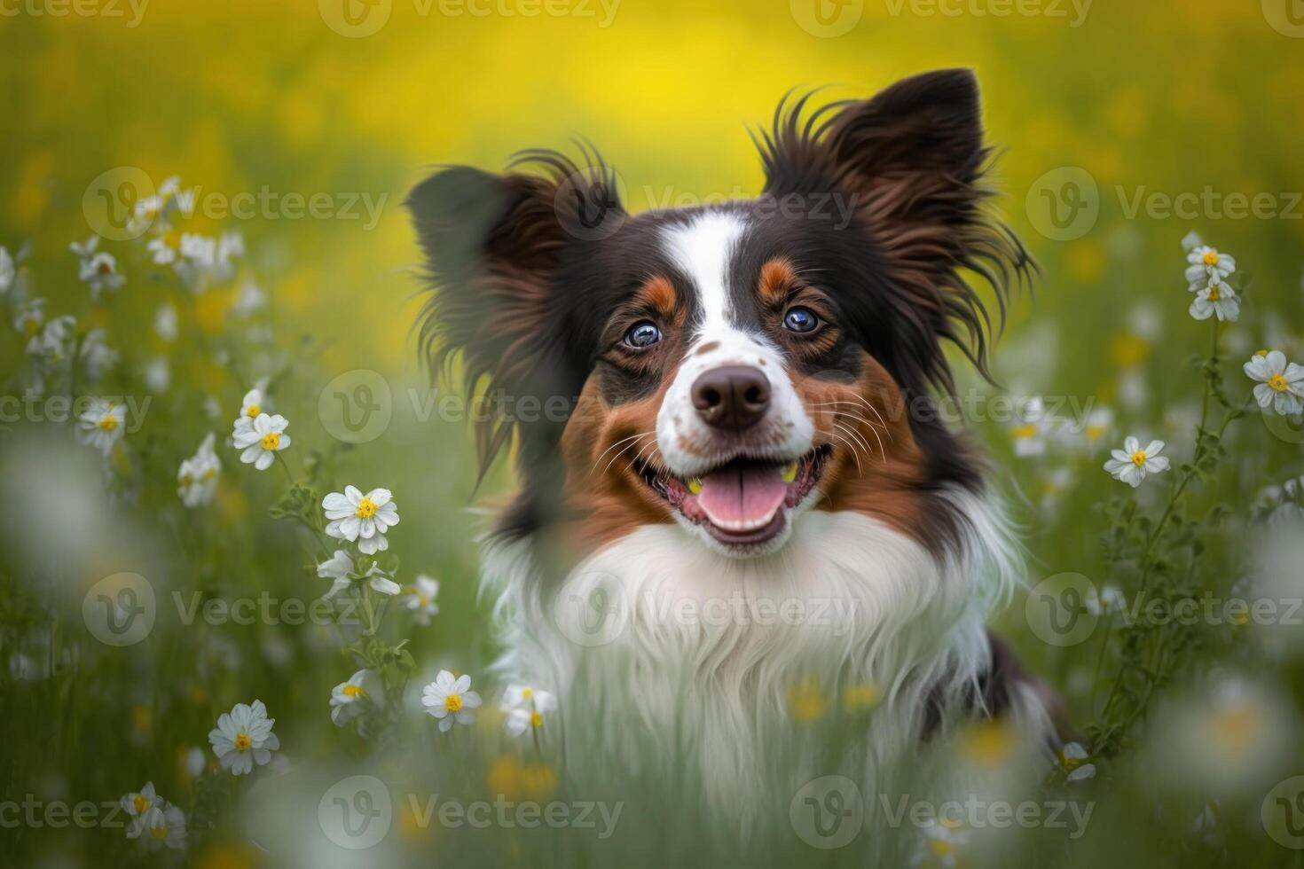 bambino cane nel primavera verde erba con fiori. generativo ai foto