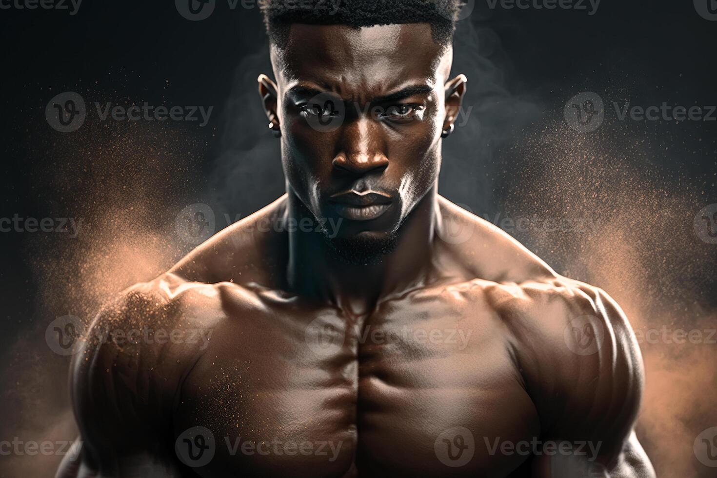 ritratto di grave motivata bodybuilder nero atleta, muscolare uomo guardare a telecamera. gli sport modello in posa. generativo ai foto