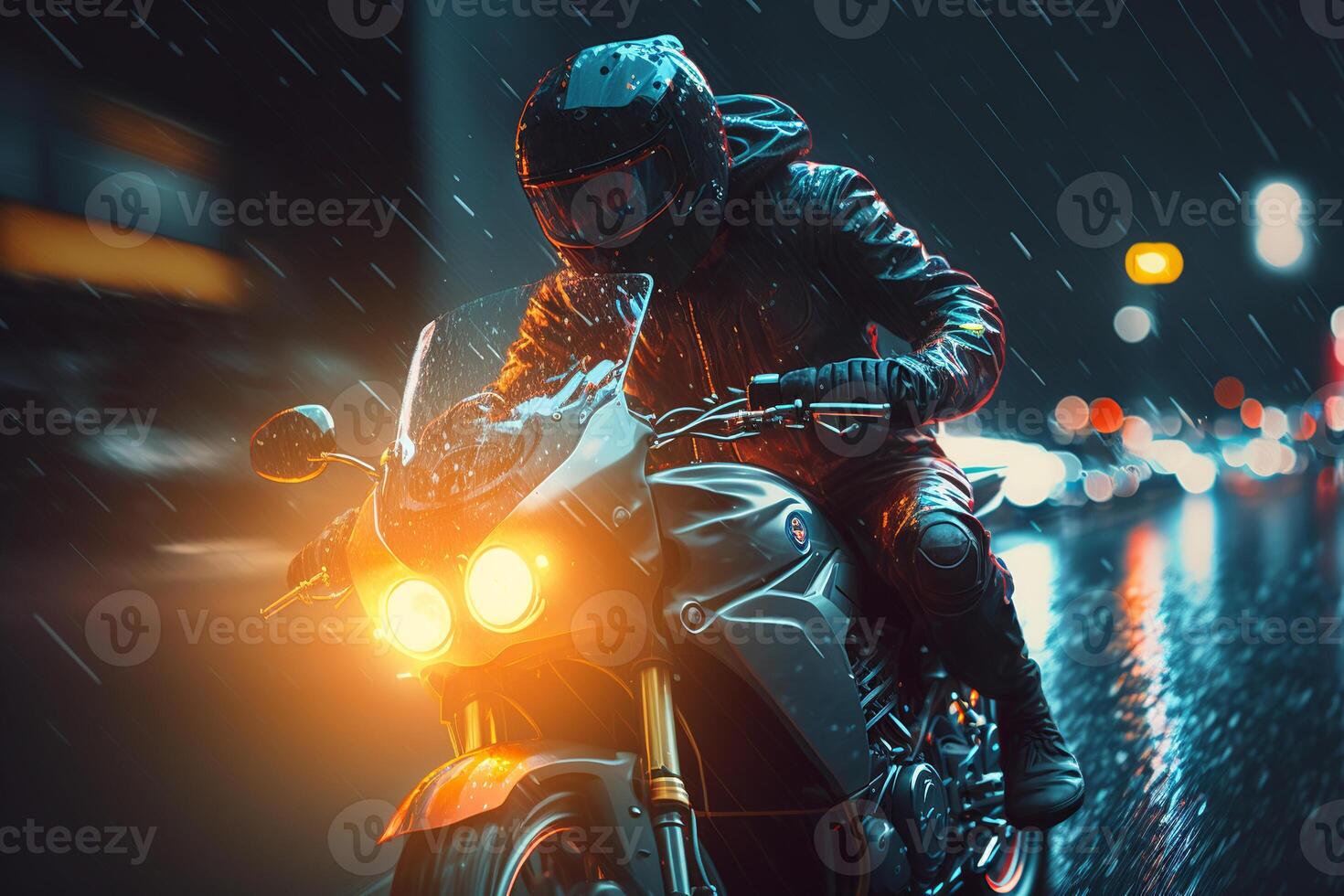 motociclista equitazione motocicletta nel notte città su strada durante pioggia. avvicinamento di corridore nel casco guida motociclo. generativo ai illustrazione foto