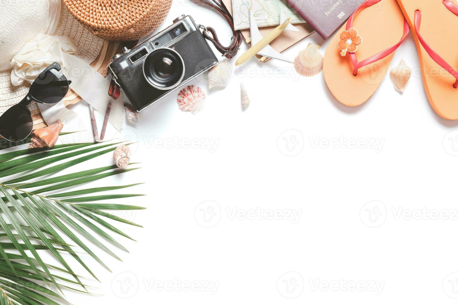 viaggiatore Accessori, tropicale le foglie con grande cappello e Vintage ▾ telecamera foto