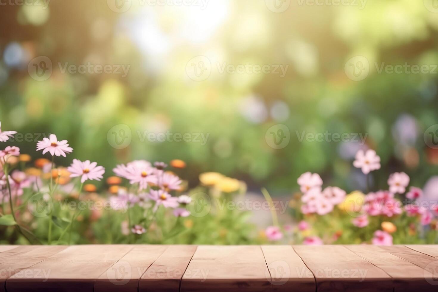 astratto fiore giardino sfondo con bokeh. vuoto di legno tavolo superiore per prodotti con vuoto copia spazio ai generato foto