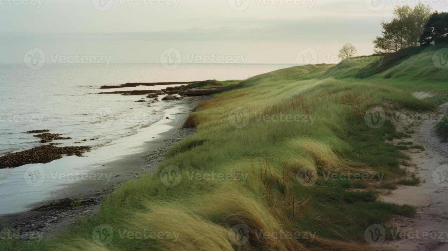 paesaggio di un' tranquillo, calmo costa. natura fotografia. ai generato foto