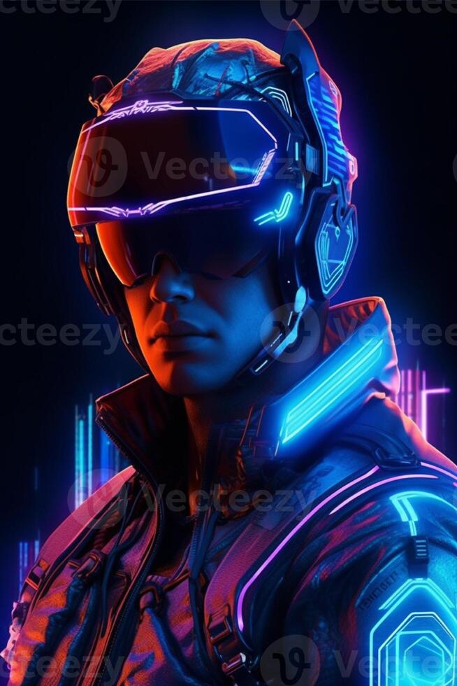 un' neon uomo un' neon giacca, cyberpunk uomo, ai generato Immagine foto