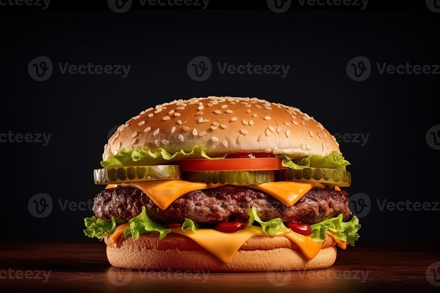 fresco hamburger al formaggio isolato su buio sfondo. ai generato foto