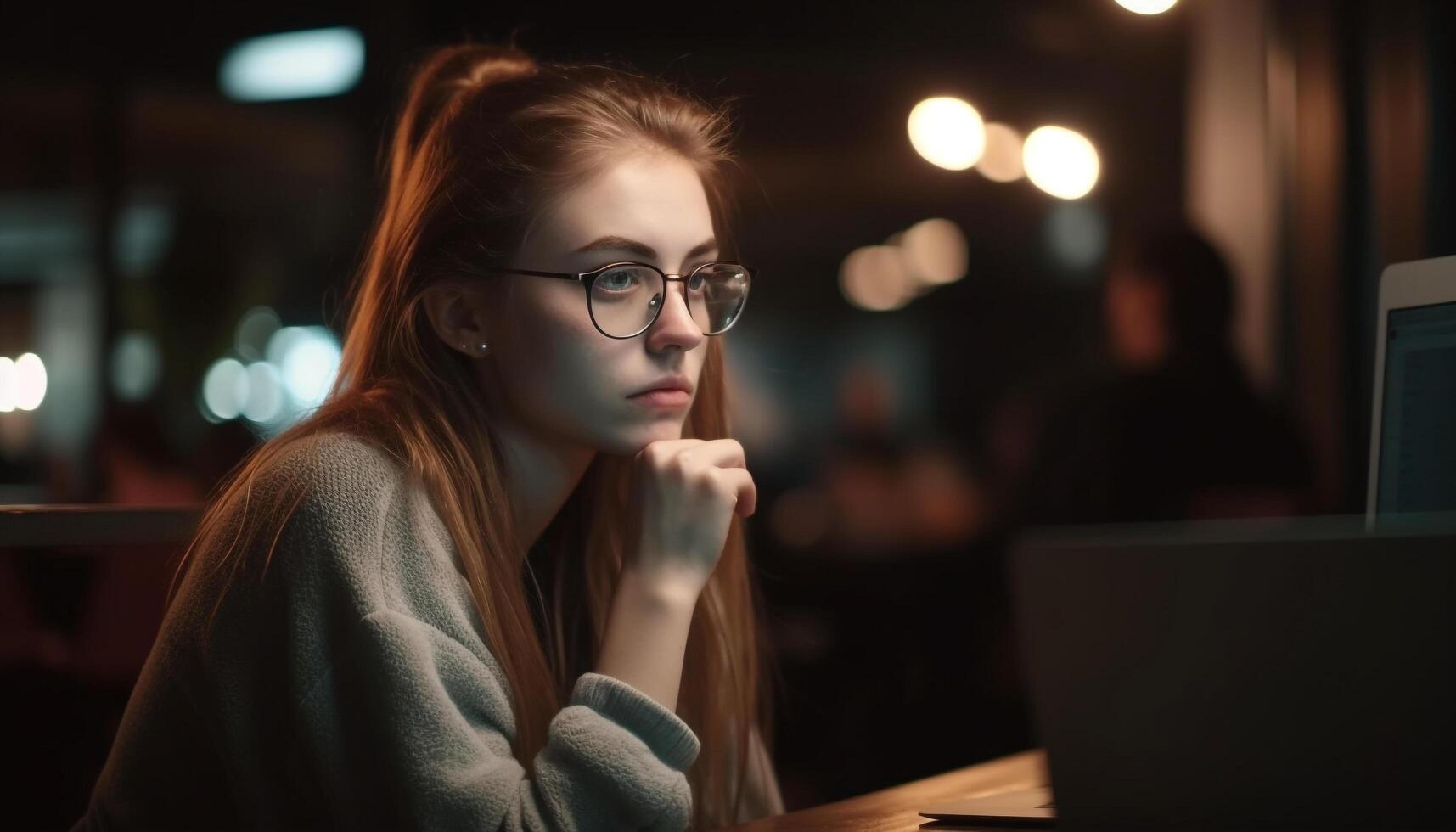 giovane donna d'affari Lavorando tardi, sorridente a telecamera generato di ai foto