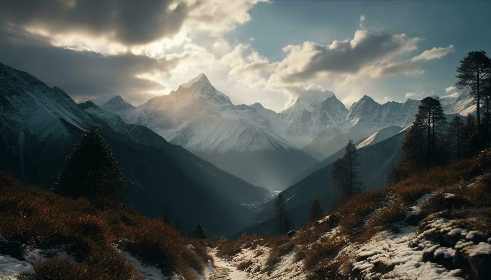 maestoso montagna gamma, tranquillo scena, natura bellezza generato di ai foto