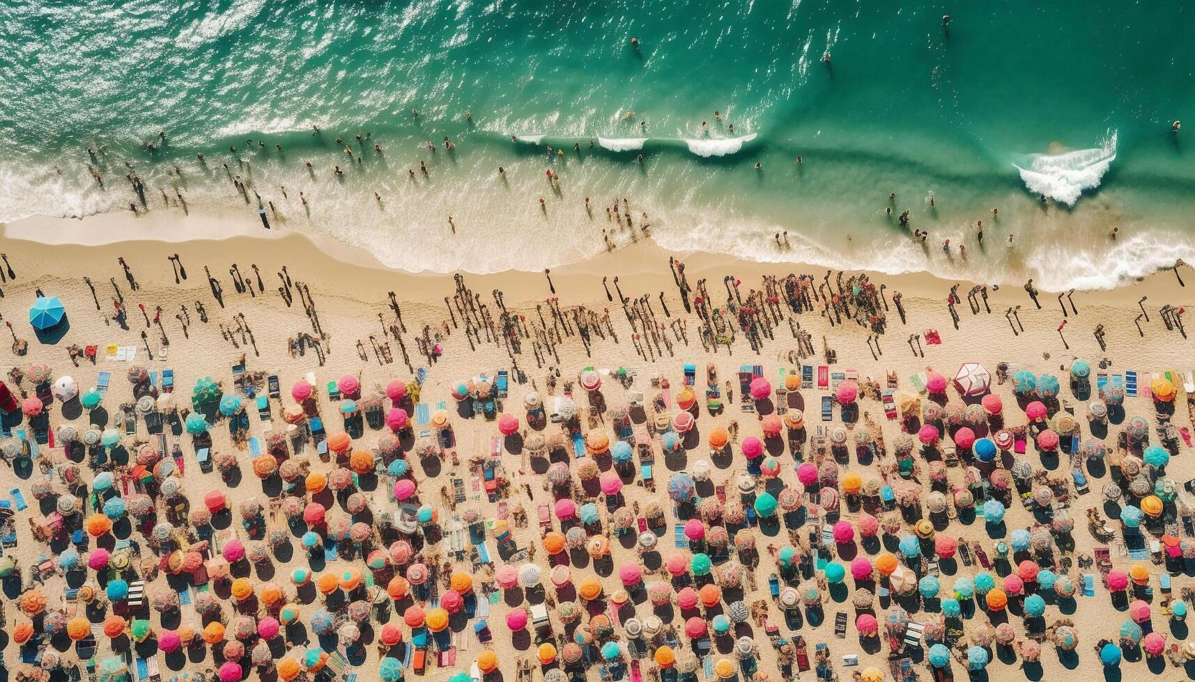 affollato spiaggia, divertimento nel il sole, rilassamento generato di ai foto