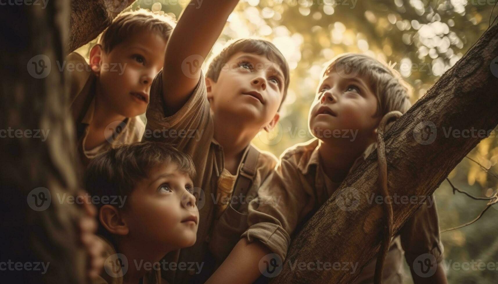 sorridente bambini giocando nel il foresta insieme generato di ai foto