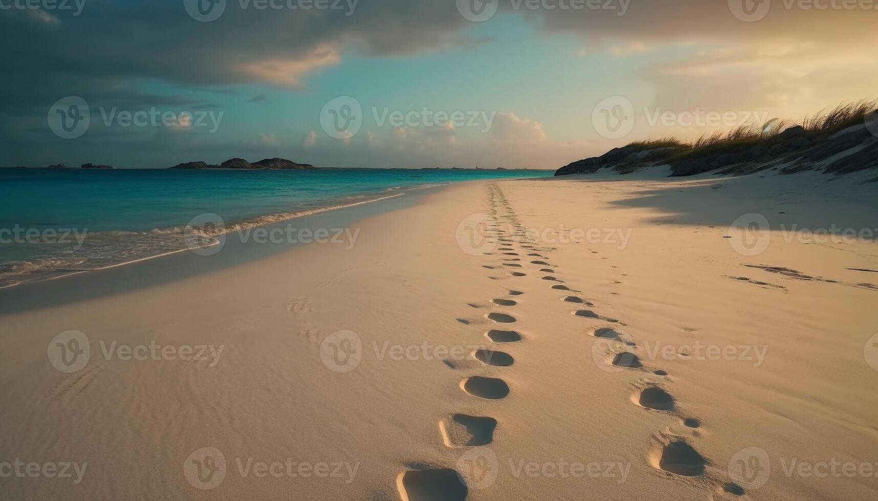 tramonto al di sopra di tranquillo paesaggio marino, un' romantico avventura generato di ai foto