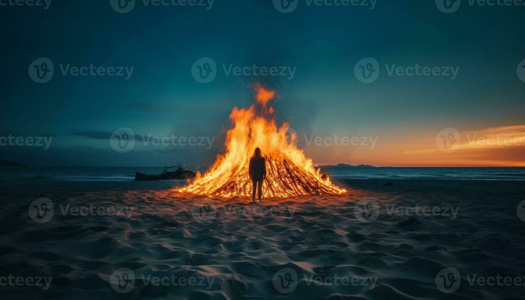 ardente falò su sabbioso spiaggia a crepuscolo generato di ai foto