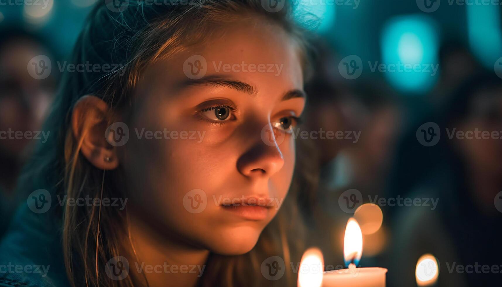 sorridente giovane adulto gode a lume di candela celebrazione all'aperto generato di ai foto