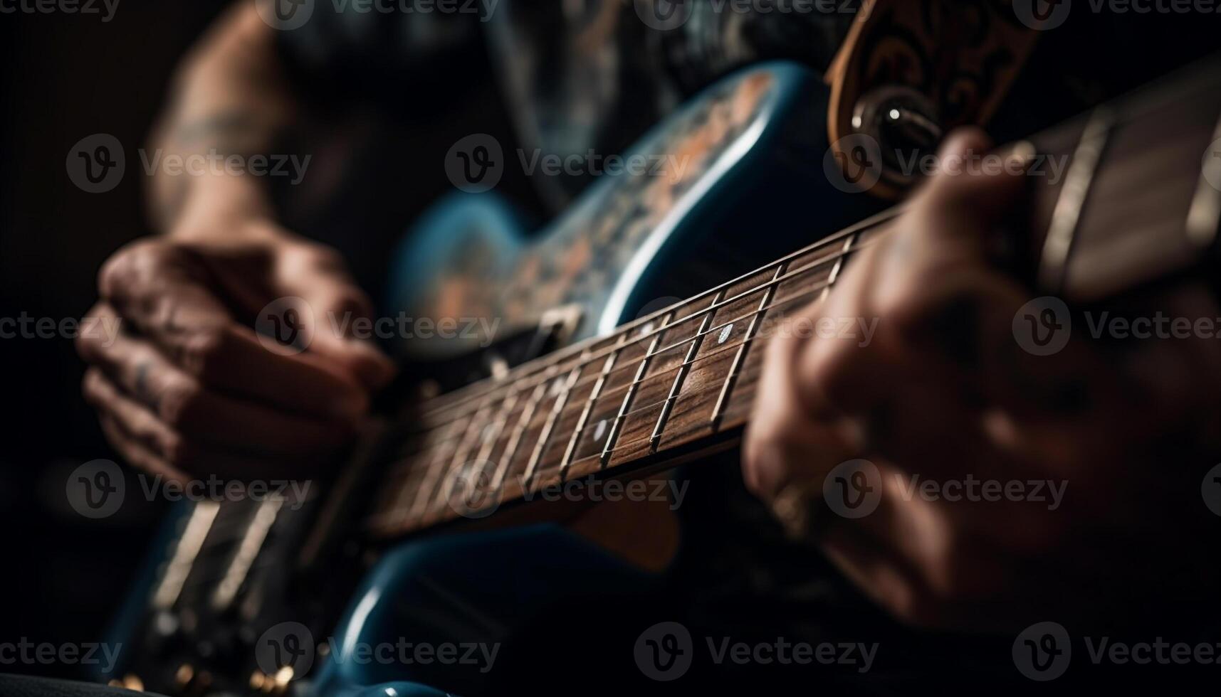 caucasico chitarrista spiumatura acustico chitarra stringhe vicino su generato di ai foto