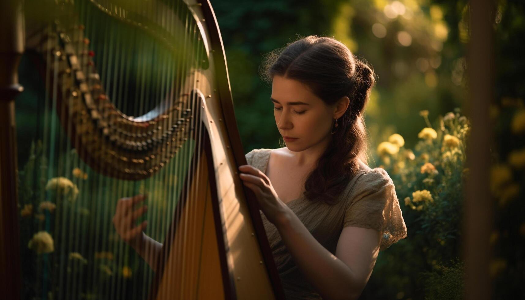 un' allegro giovane donna giocando un' corda strumento all'aperto, sorridente generativo ai foto