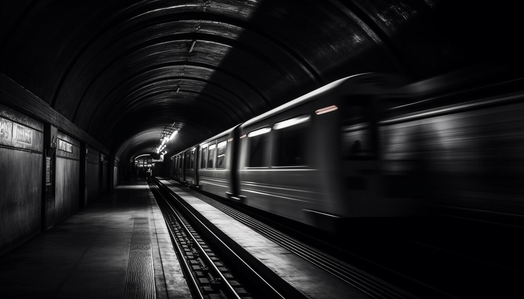 dentro il moderno metropolitana treno, in partenza il buio tunnel generato di ai foto