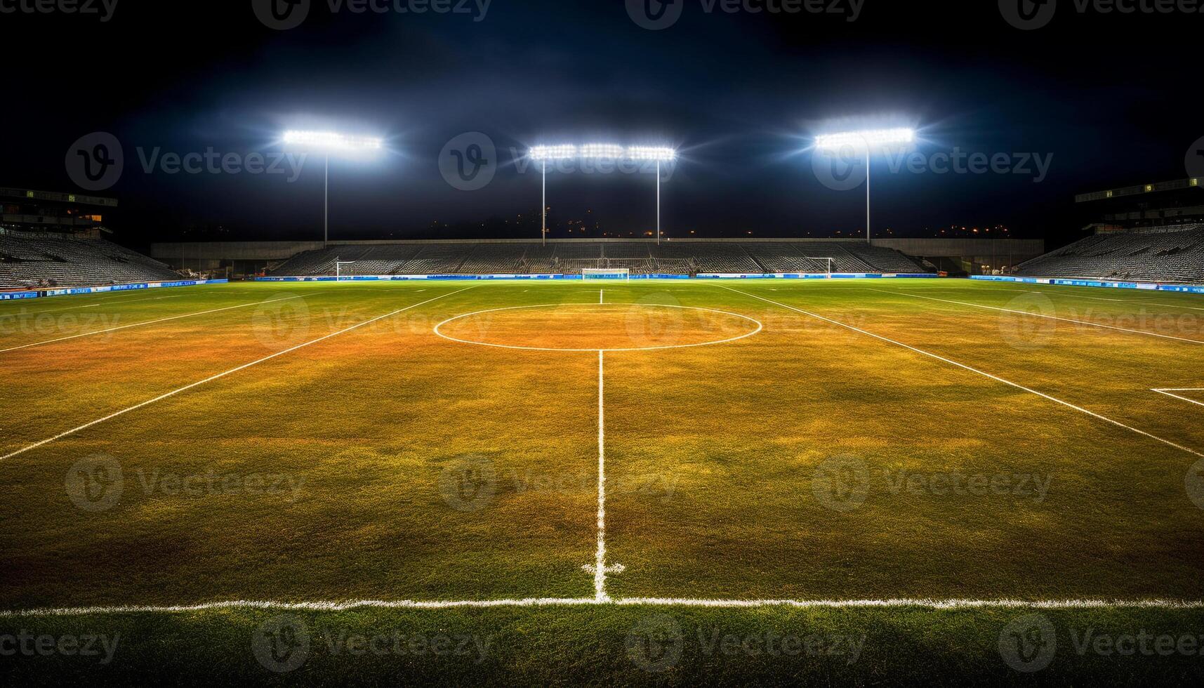 luminosa riflettore si illumina vuoto calcio campo su un' estate notte generato di ai foto