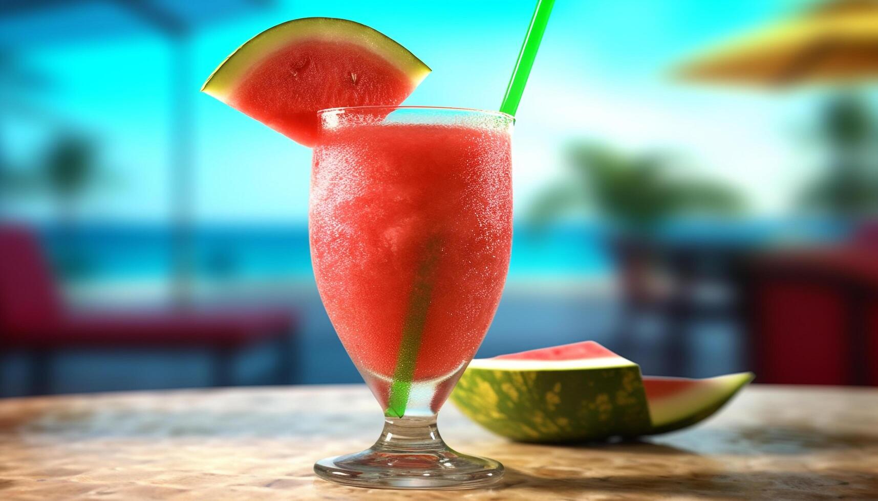 rinfrescante anguria cocktail nel un' tropicale all'aperto bar con buongustaio spuntini generato di ai foto