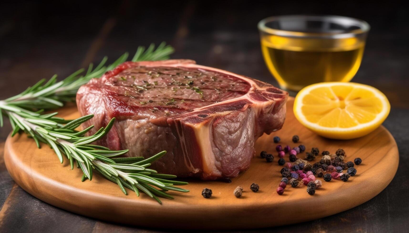 grigliato bistecca filetto, condito con erbe aromatiche e Pepe, su legna generato di ai foto