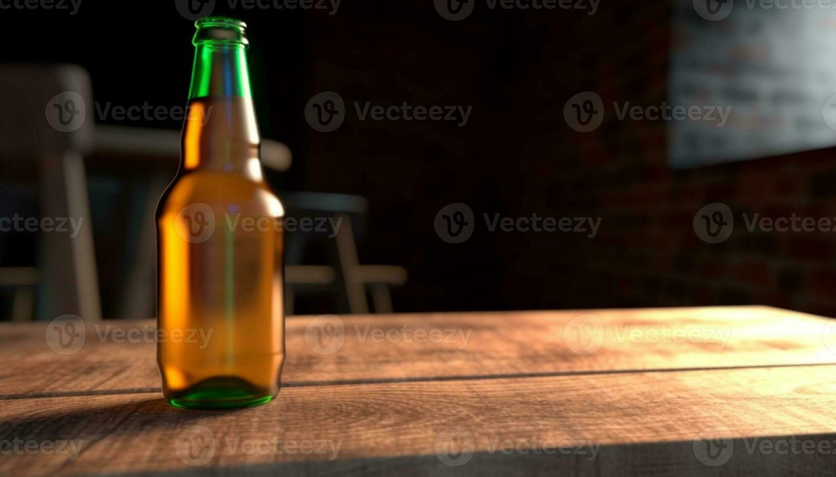 fresco birra nel un' di legno bottiglia su un' bar contatore generato di ai foto
