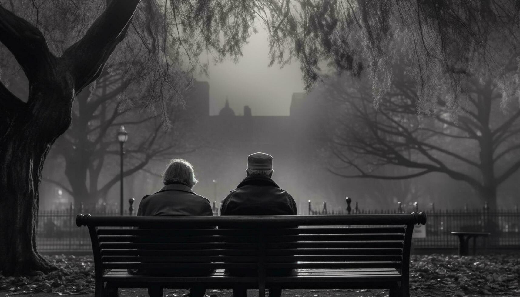 silhouette di Due uomini seduta su panchina nel autunno solitudine generato di ai foto