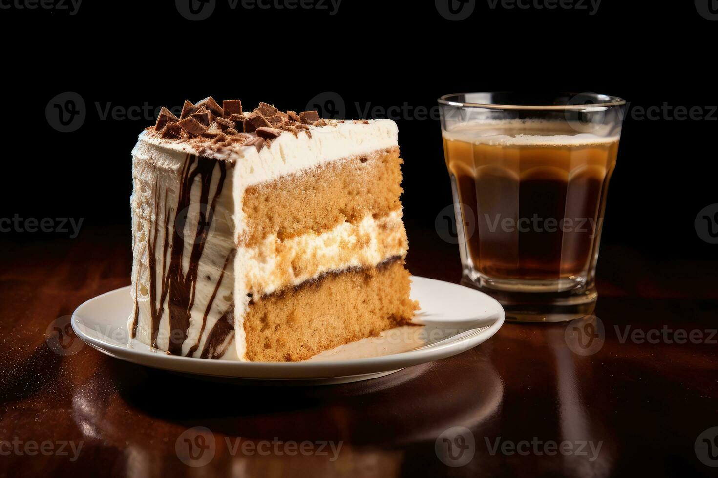 ghiacciato caffè con un' fetta torta profesional pubblicità cibo fotografia ai generato foto