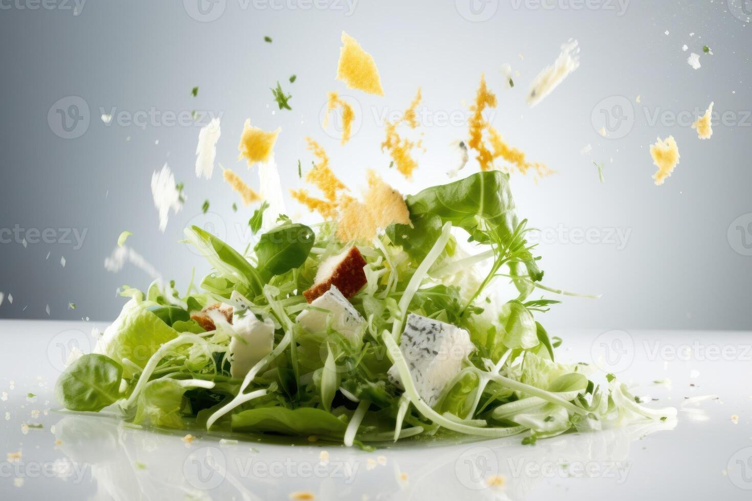 azione foto di insalata volante attraverso il aria con formaggio e lattuga cibo fotografia generativo ai