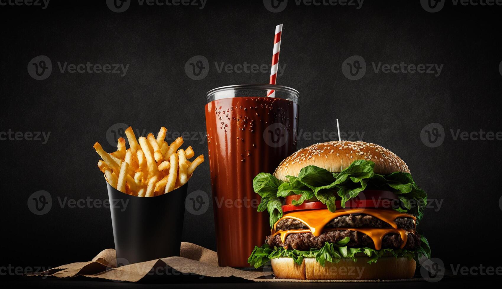 hamburger con Coca Cola e patatine fritte nel buio sfondo, generativo ai foto