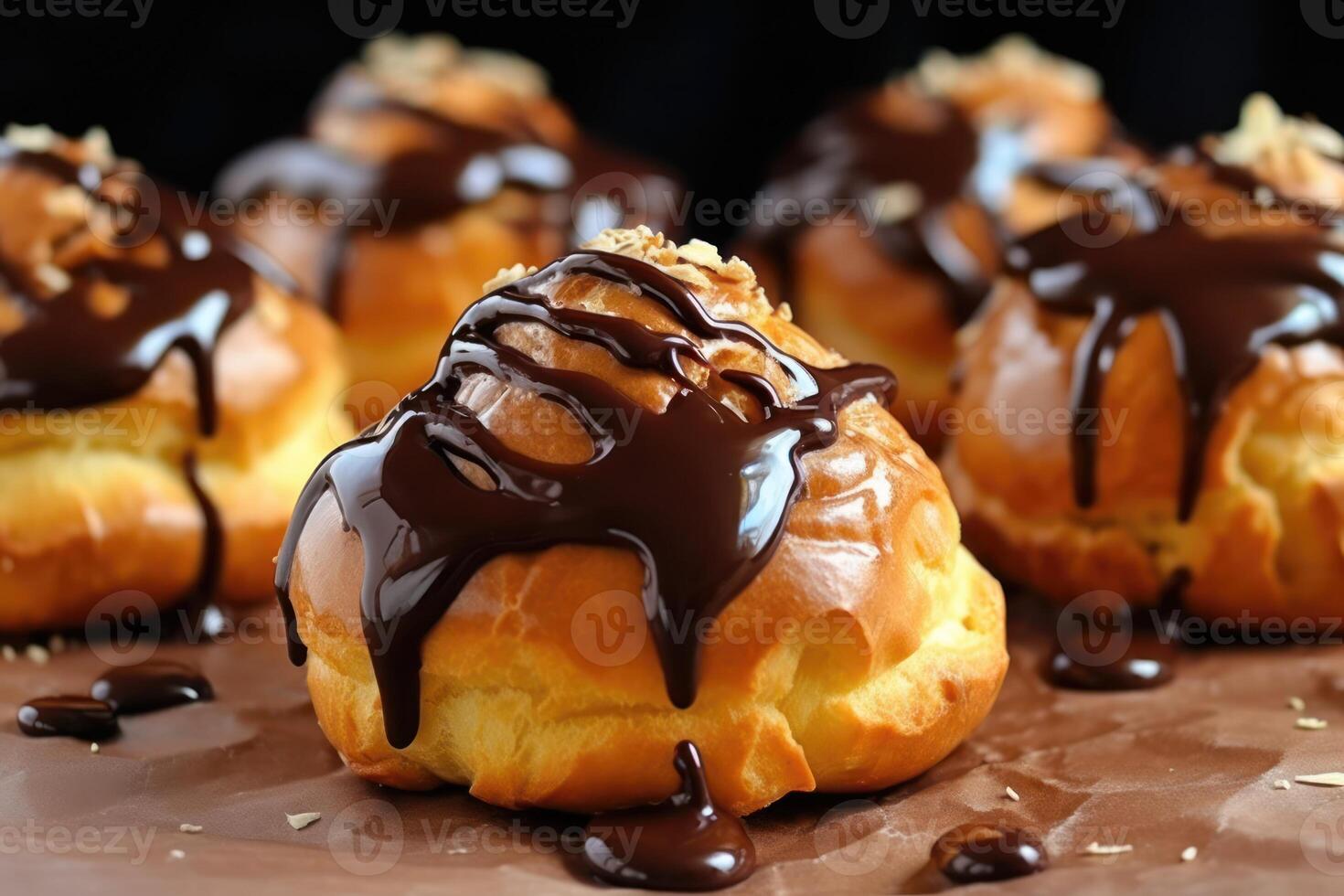 azione foto di choux Pasticcino con cioccolato choux Pasticcino è un' Impasto cibo fotografia generativo ai