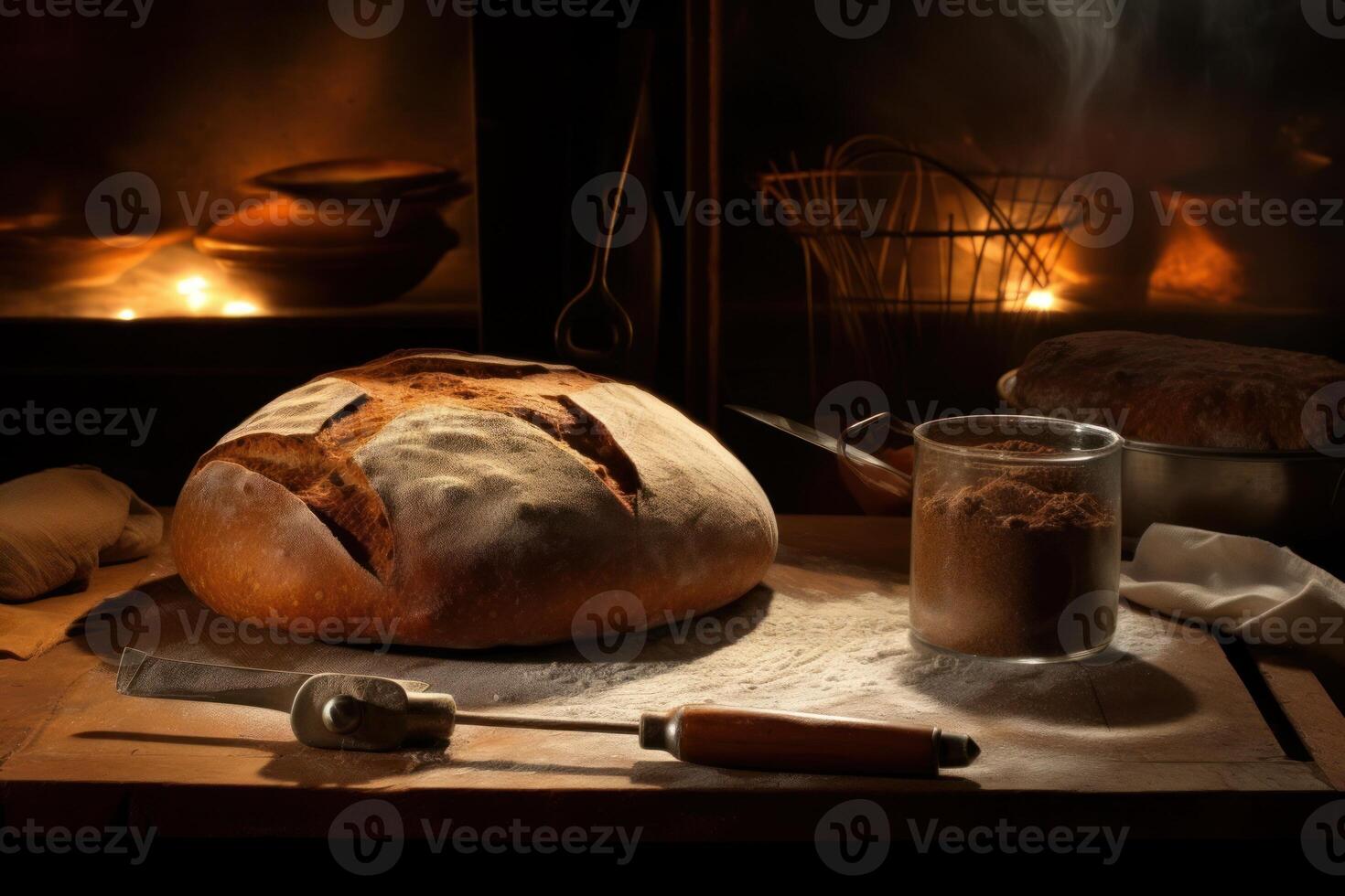 azione foto di un' infornare pane nel davanti forno e cose cibo fotografia generativo ai