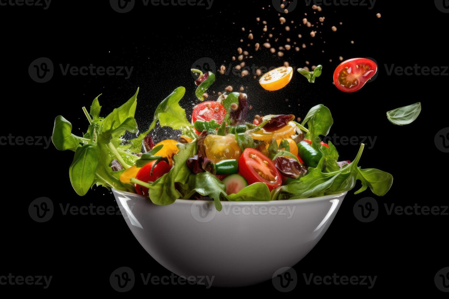 azione foto di mescolare verdura volante attraverso il aria con un' ciotola editoriale cibo fotografia generativo ai