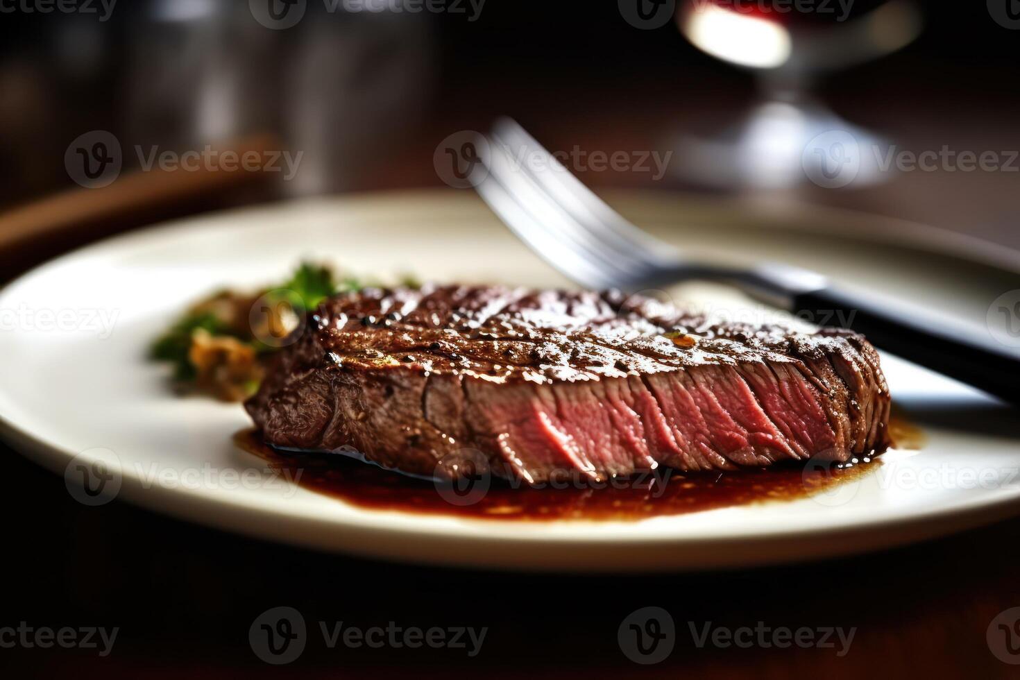 azione foto di wagyu Manzo bistecca nel piatto forchetta cucchiaio coltello fetta cibo fotografia generativo ai