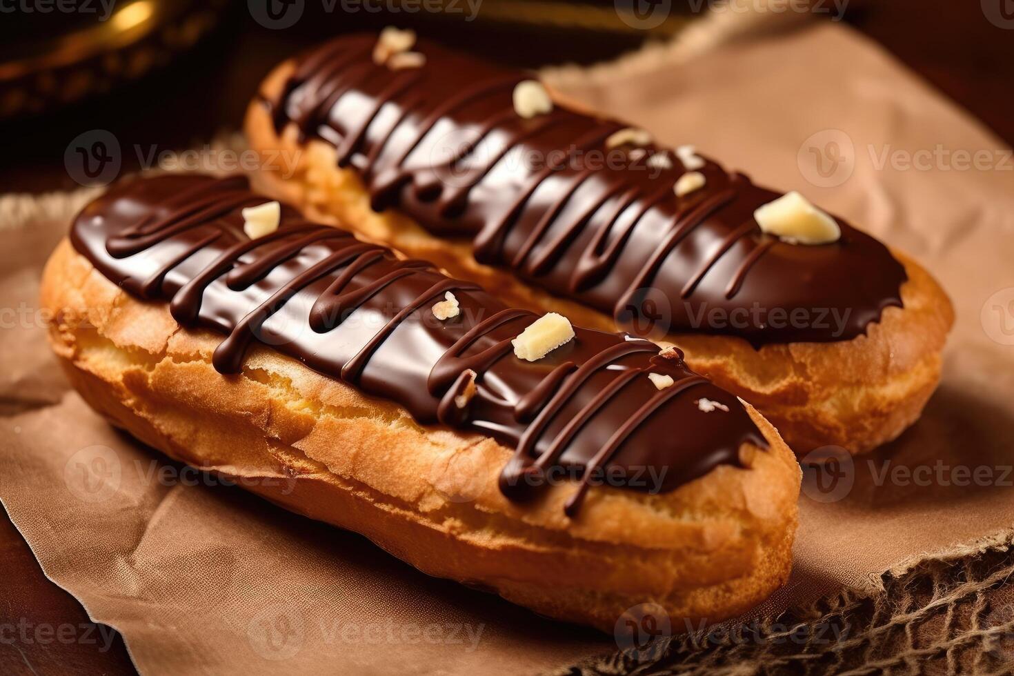 azione foto di un' cioccolato eclairs e Di Più guarnizione fotografia generativo ai